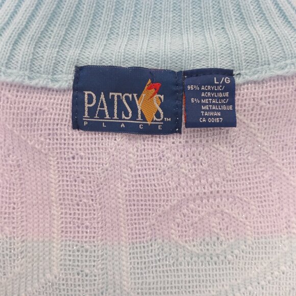 Vintage 80s Pastel Knit Sweater Geometric Bow Pattern Retro Pullover Holiday L - Picture 7 of 9